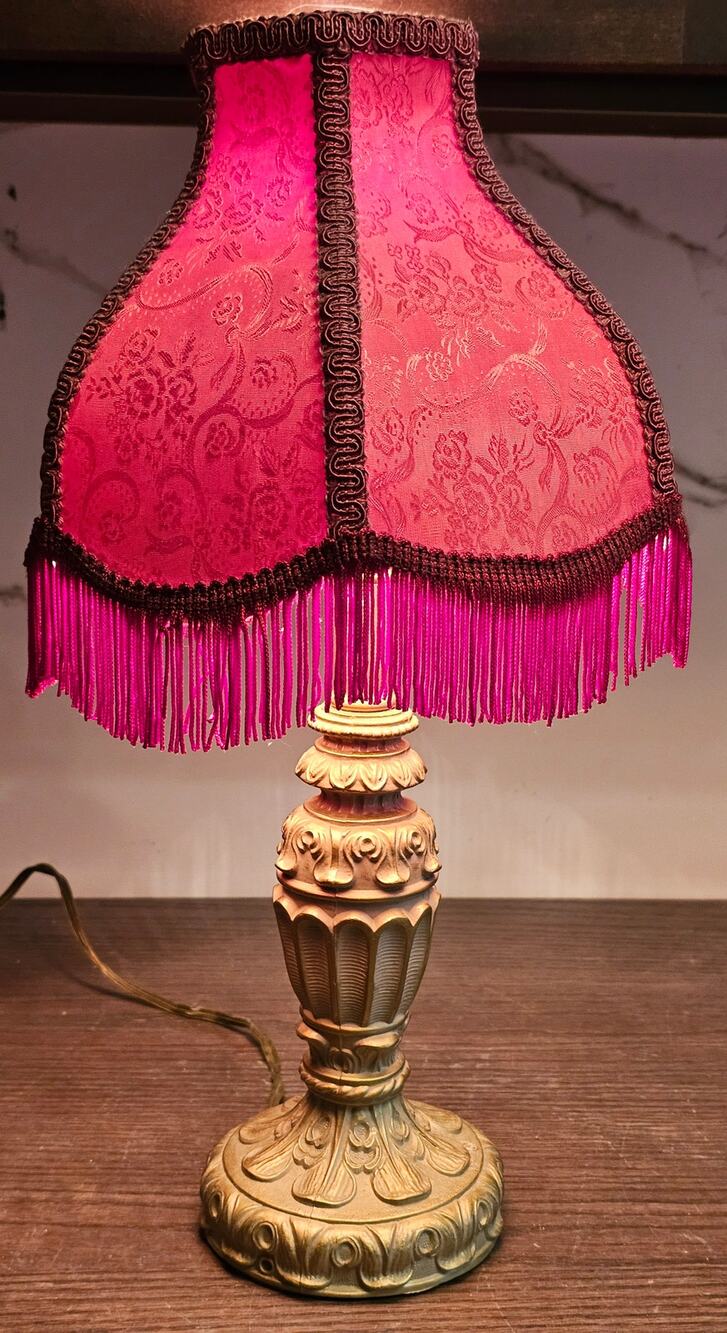 Vintage Victorian Style Cast Metal Table Lamp Base Red Brocade Fringe Shade